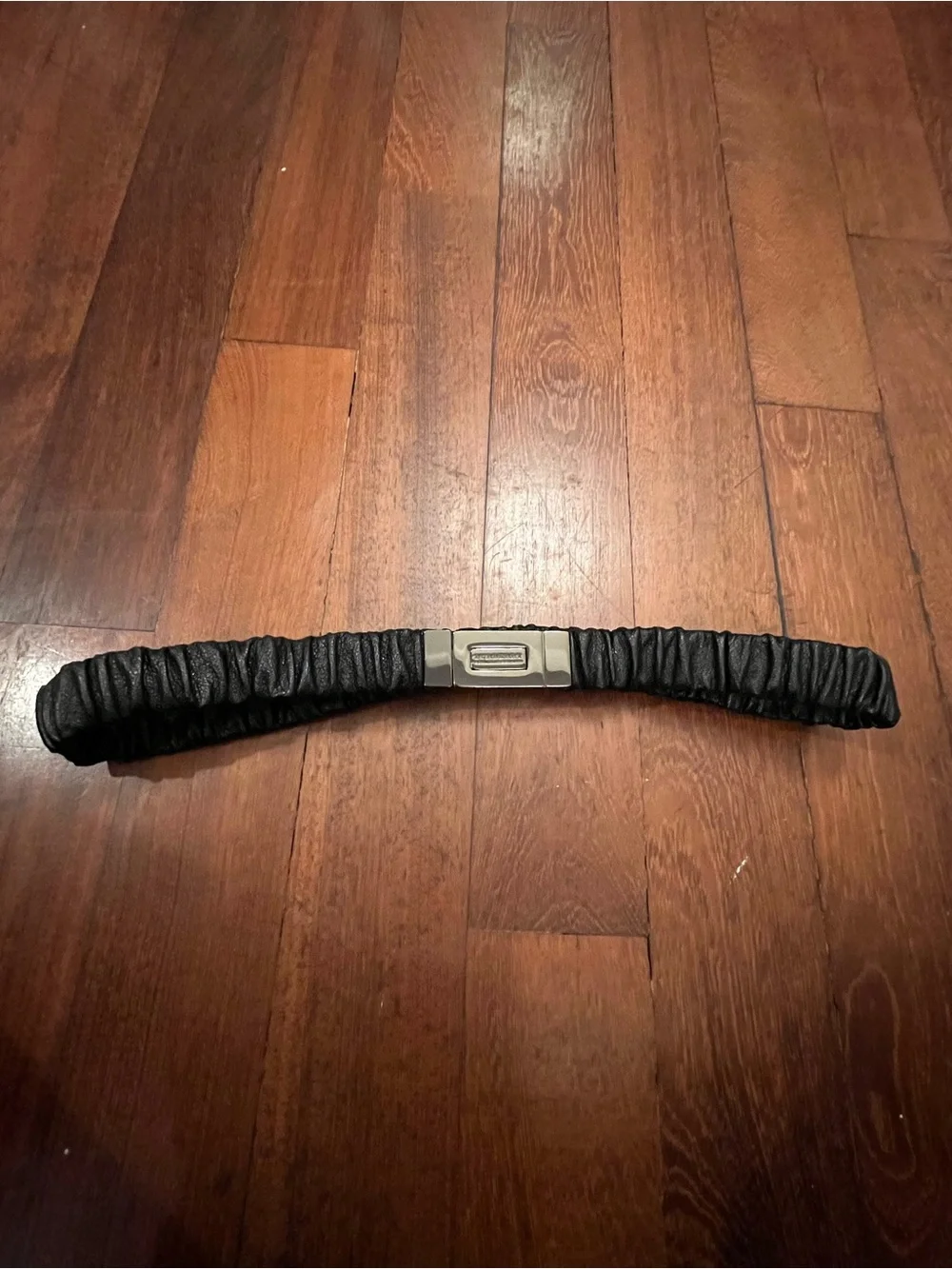 Vintage Burberry Black Gathered Leather Belt with Gunmetal Plaque Buckle